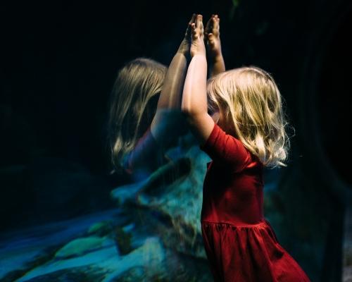 a little girl in a red dress reflection of herself shows her in dark colours