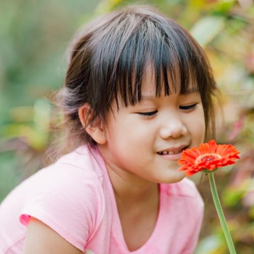 a young girl smelling a flower